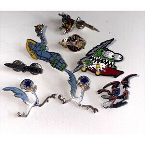 Lot Of 8 Enamel Character Pins/Santa Cruz/MOON/Zombie/RoadRunner/TattooGun/Knife